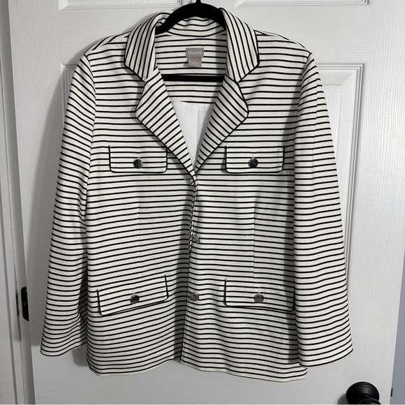 Chico's size 2 blazer/jacket, black white stripe, stretch, fully lined, academia - Picture 1 of 12